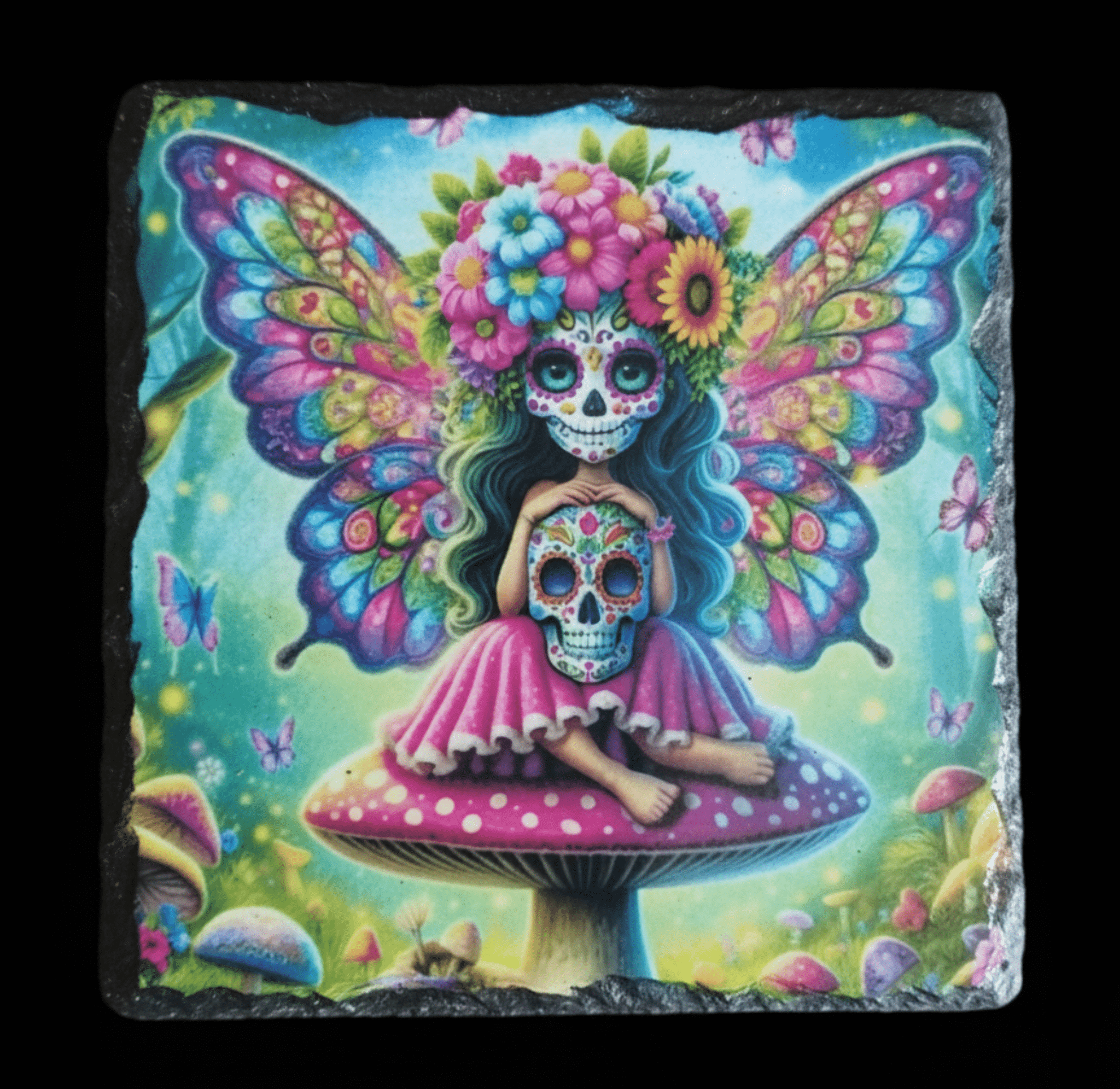Colourful artwork of a butterfly with a skull design on a mushroom in a fantasy setting on a slate coaster