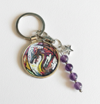 Dragon Keyring with Amethyst Crystal Beads & Moon Charm | Spiritual Protection Keychain UK