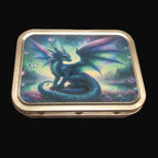 Metallic tin with a colorful dragon design on a wooden surface