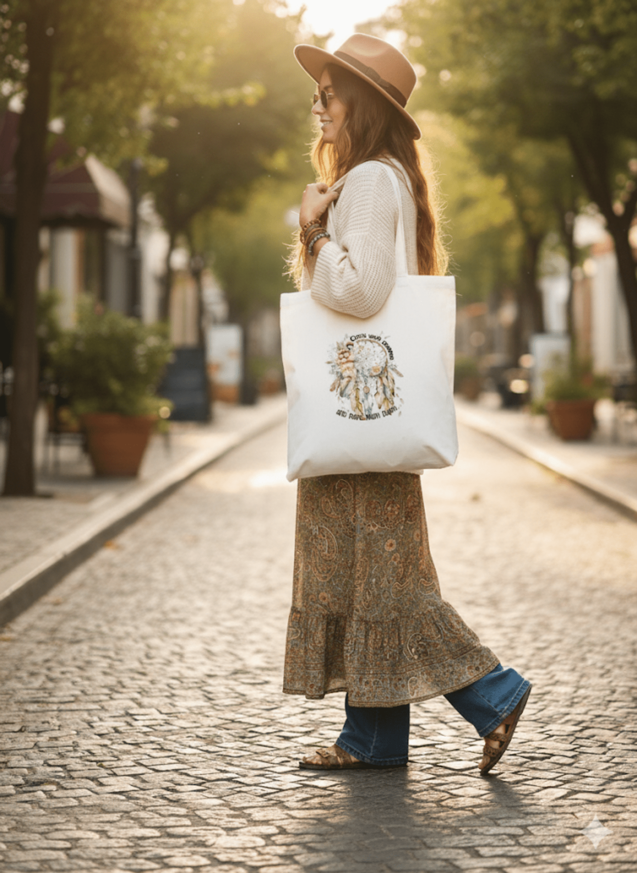 Woman walking down a tree-lined street holding a tote bag with a design.