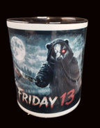 Mug with a badger graphic and 'Friday 13' text on a dark background