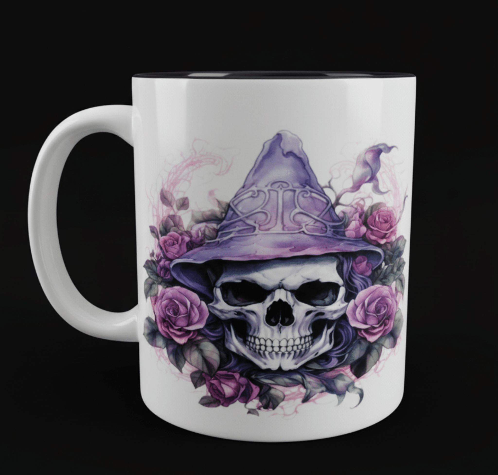 Mug with a skull wearing a witch hat and surrounded by flowers on a white background