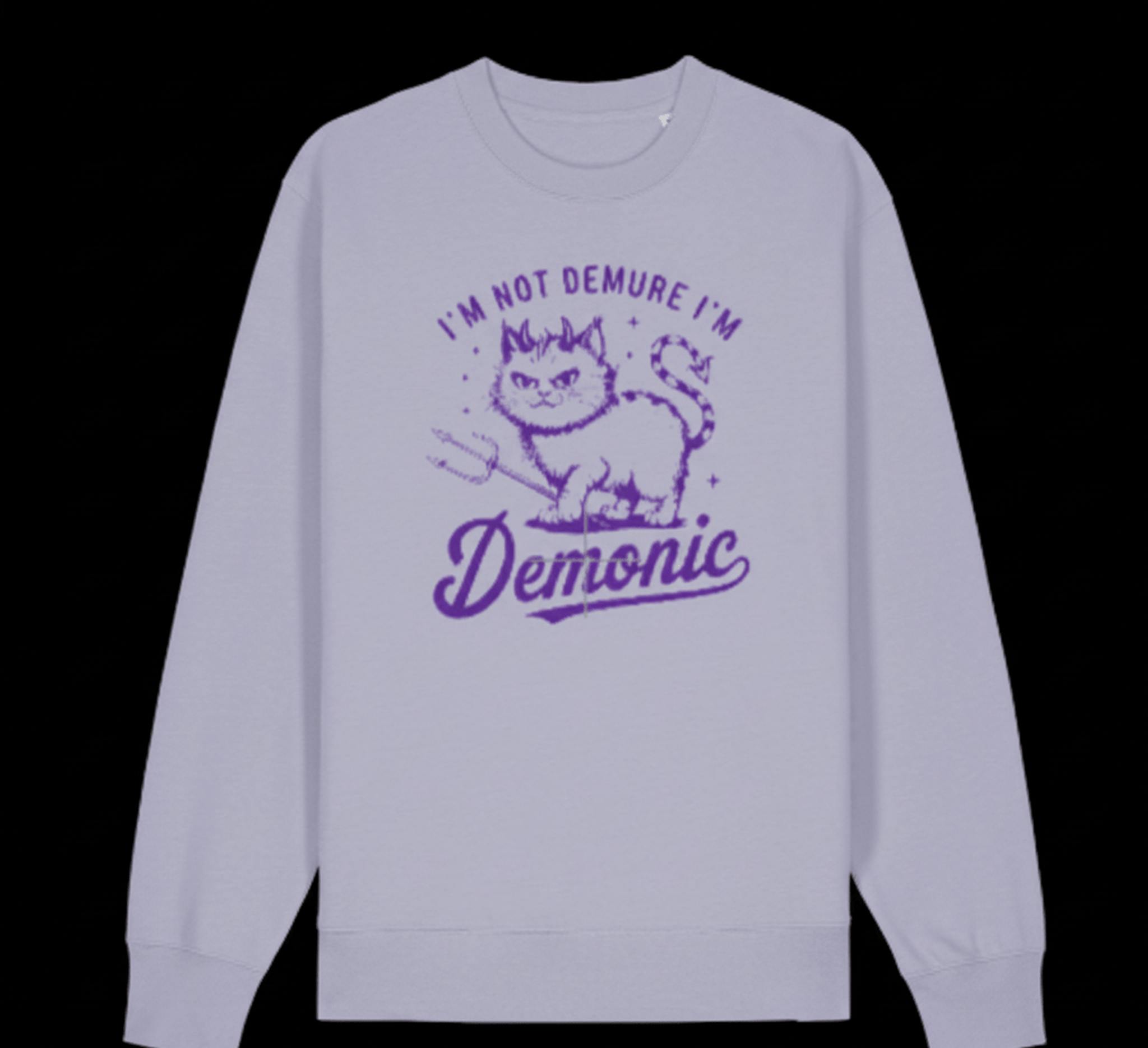 Lavender sweatshirt with purple graphic and text on a white background