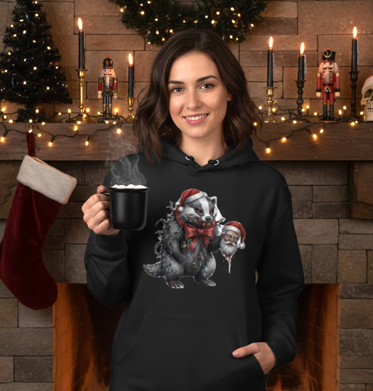 Black Gothic Horror Sweatshirt - Badger with Severed Santa Head | Dark Christmas Jumper