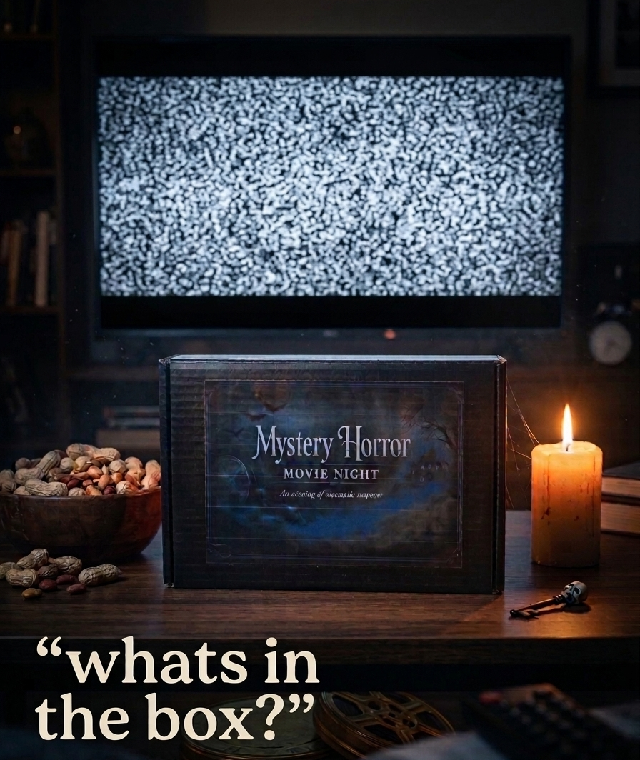 Mystery Horror Movie Night box with a TV displaying static in the background