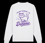 White sweatshirt with purple graphic and text on a white background