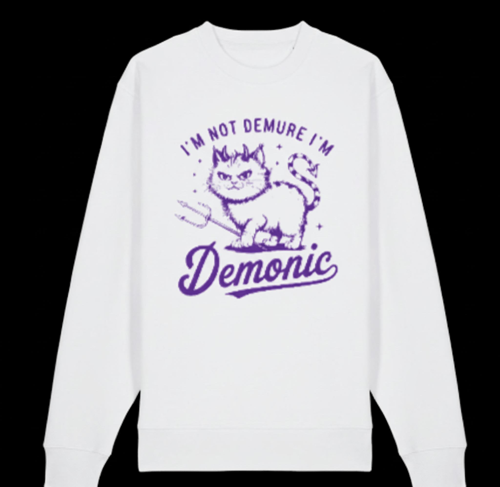 White sweatshirt with purple graphic and text on a white background