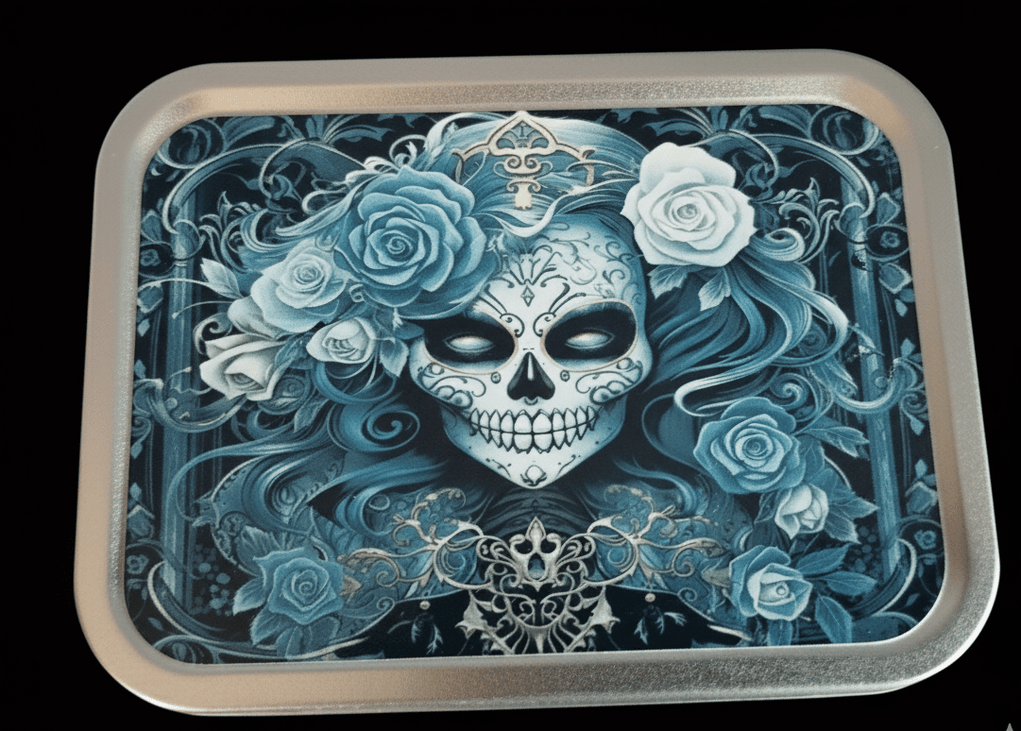 Decorative tobacco tin with a skull and floral design on a black background