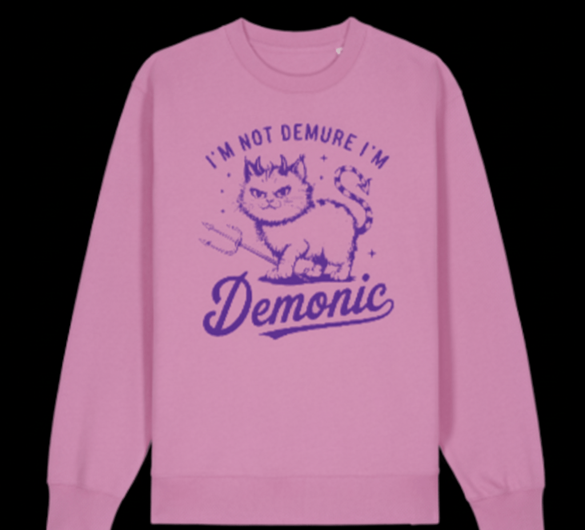 Pink sweatshirt with purple graphic and text on a black background