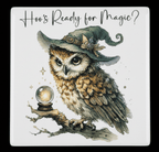 Owl wearing a witch hat with a crystal ball, text 'Hoo's Ready for Magic?' on a white background