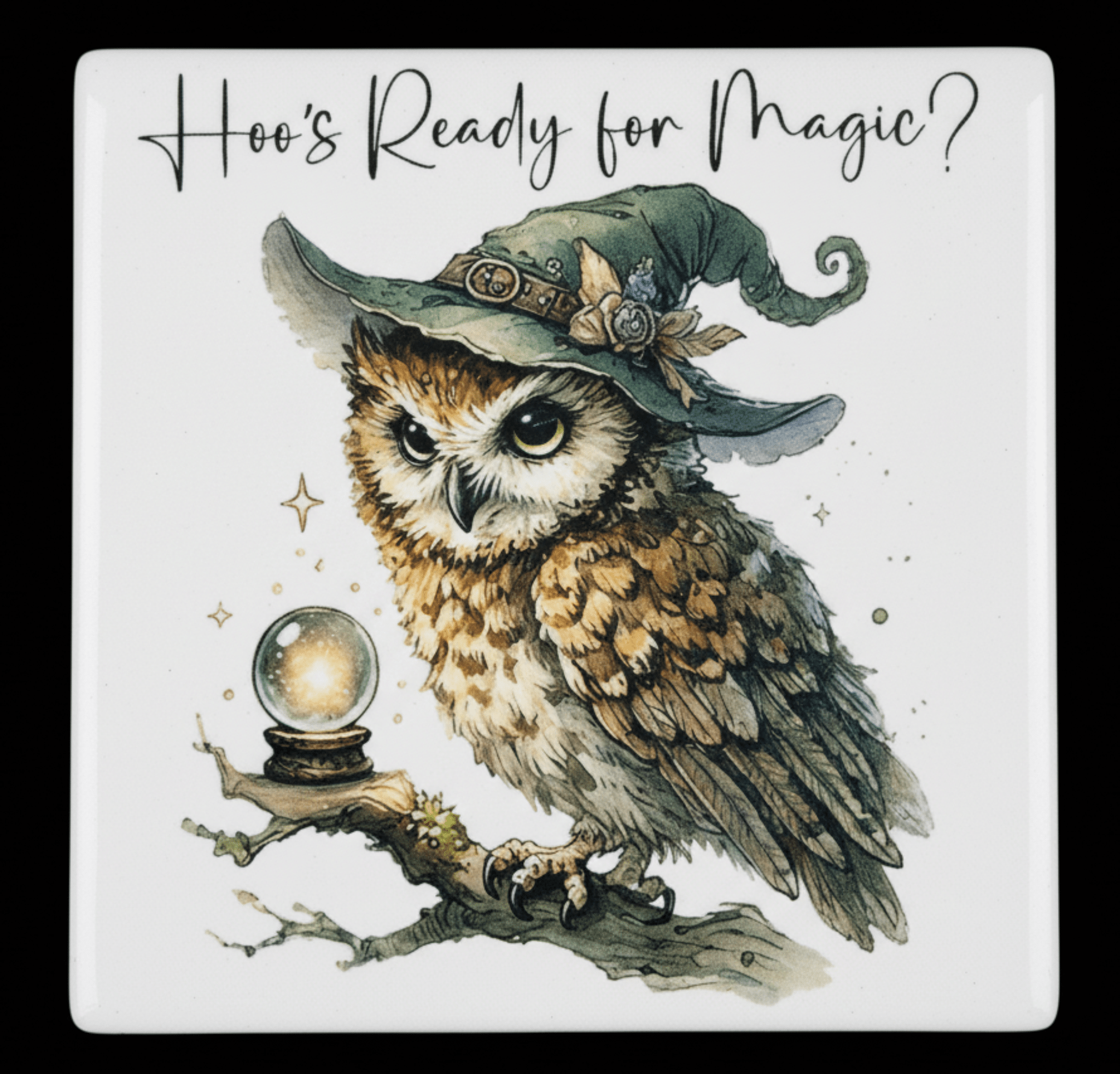Owl wearing a witch hat with a crystal ball, text 'Hoo's Ready for Magic?' on a white background