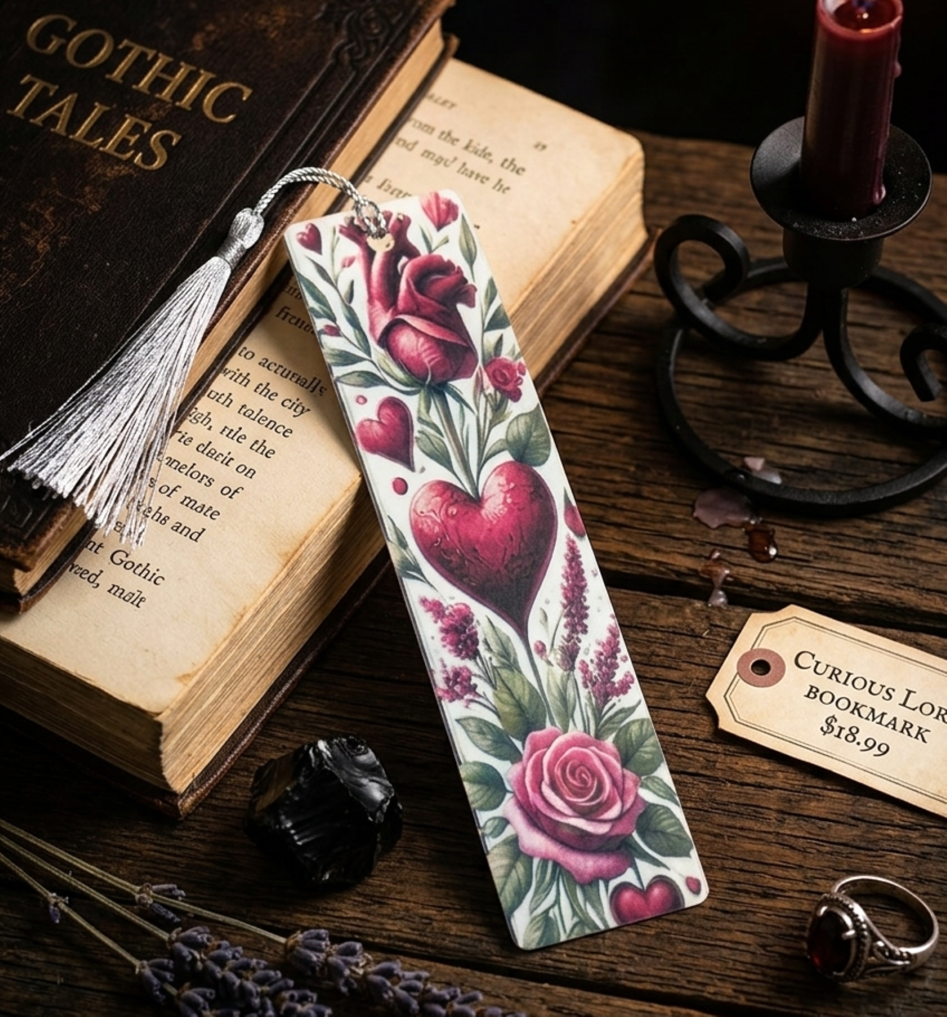 Gothic Hearts Bookmark - Metal Bookmark with Black Tassel