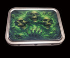 Green skulls tobacco tin with swirling green smoke and skull design on the lid