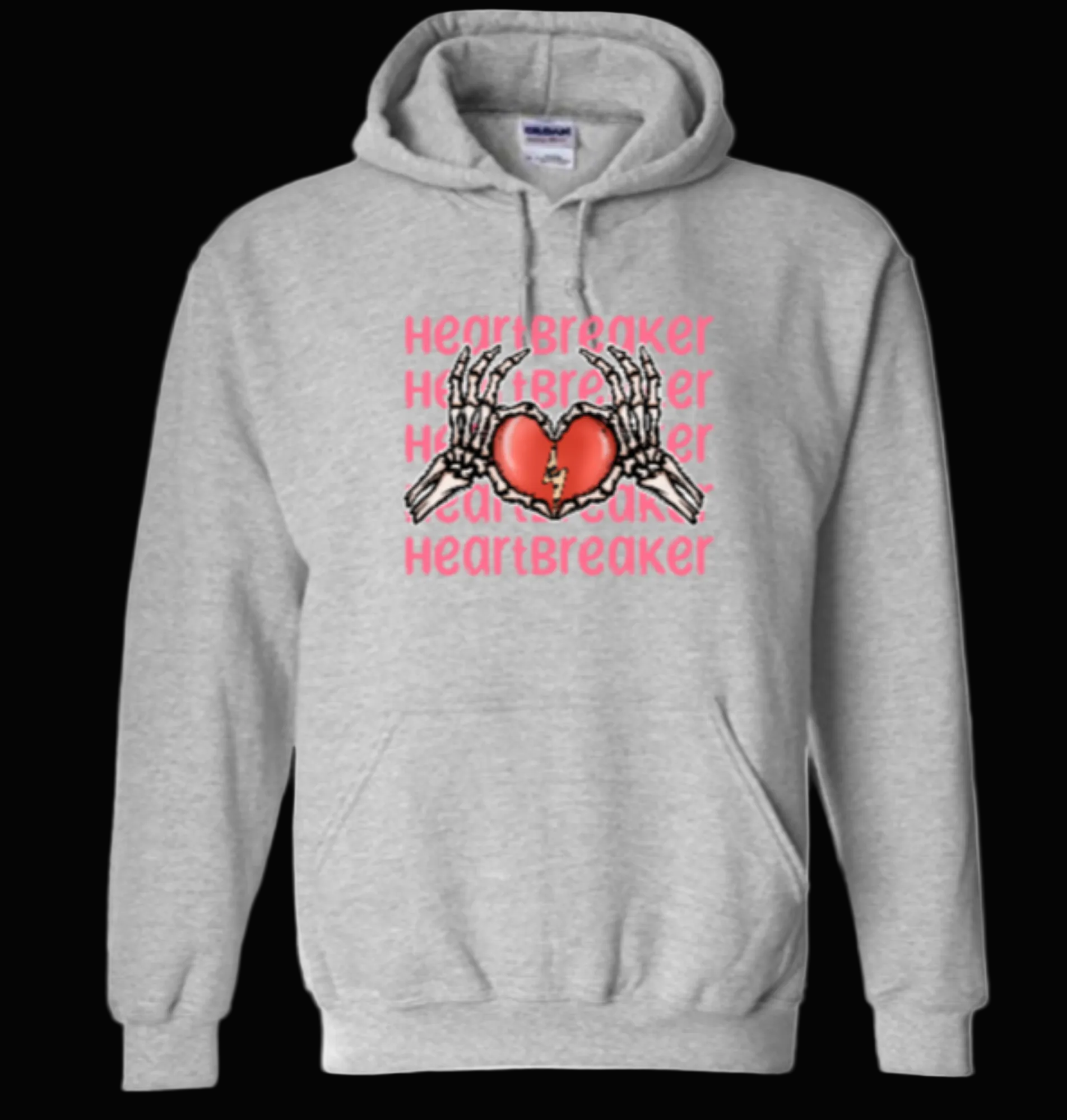 Gray hoodie with skeleton hands holding a heart design and text on a white background