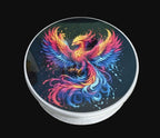 Phoenix metal storage tin showing the pink, gold, purple and blue bird design and silver-coloured sides.