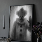 A4 creepy clown print styled in a gothic room