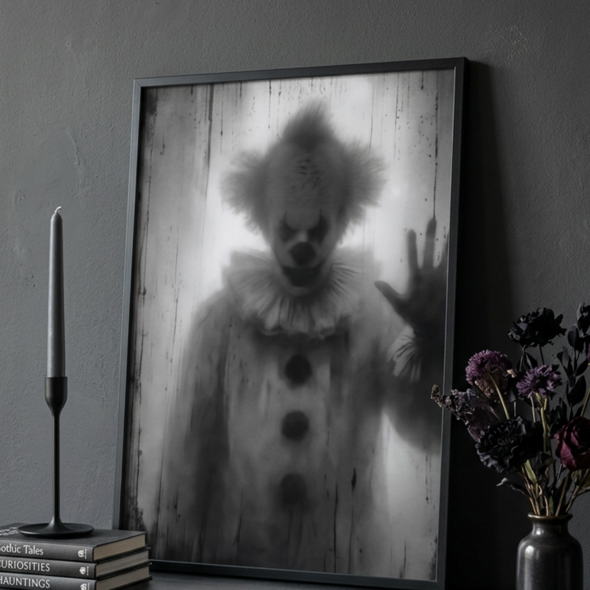 A4 creepy clown print styled in a gothic room