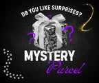 Promotional graphic for a mystery parcel with text and a gift box on a dark background.