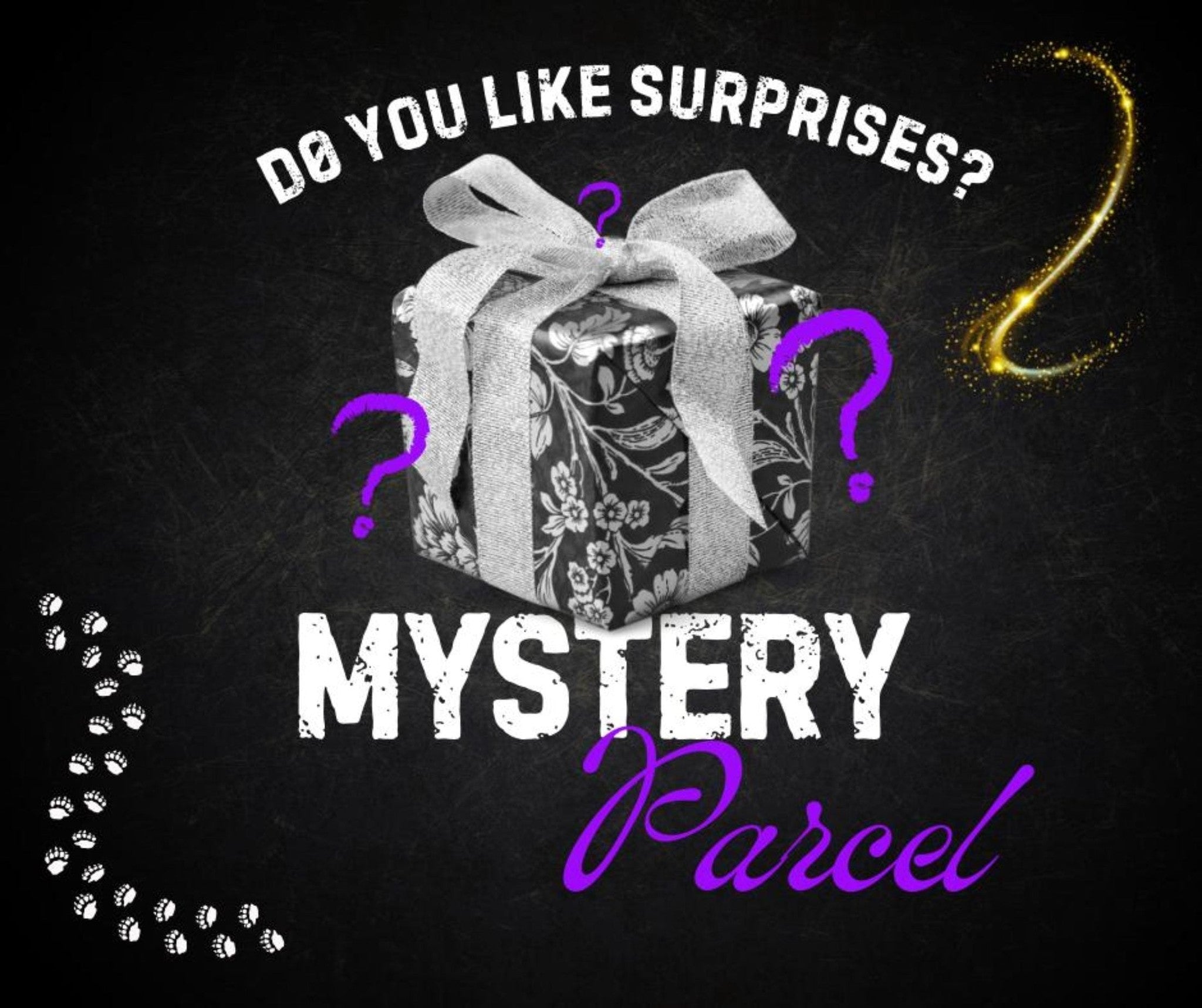 Promotional graphic for a mystery parcel with text and a gift box on a dark background.