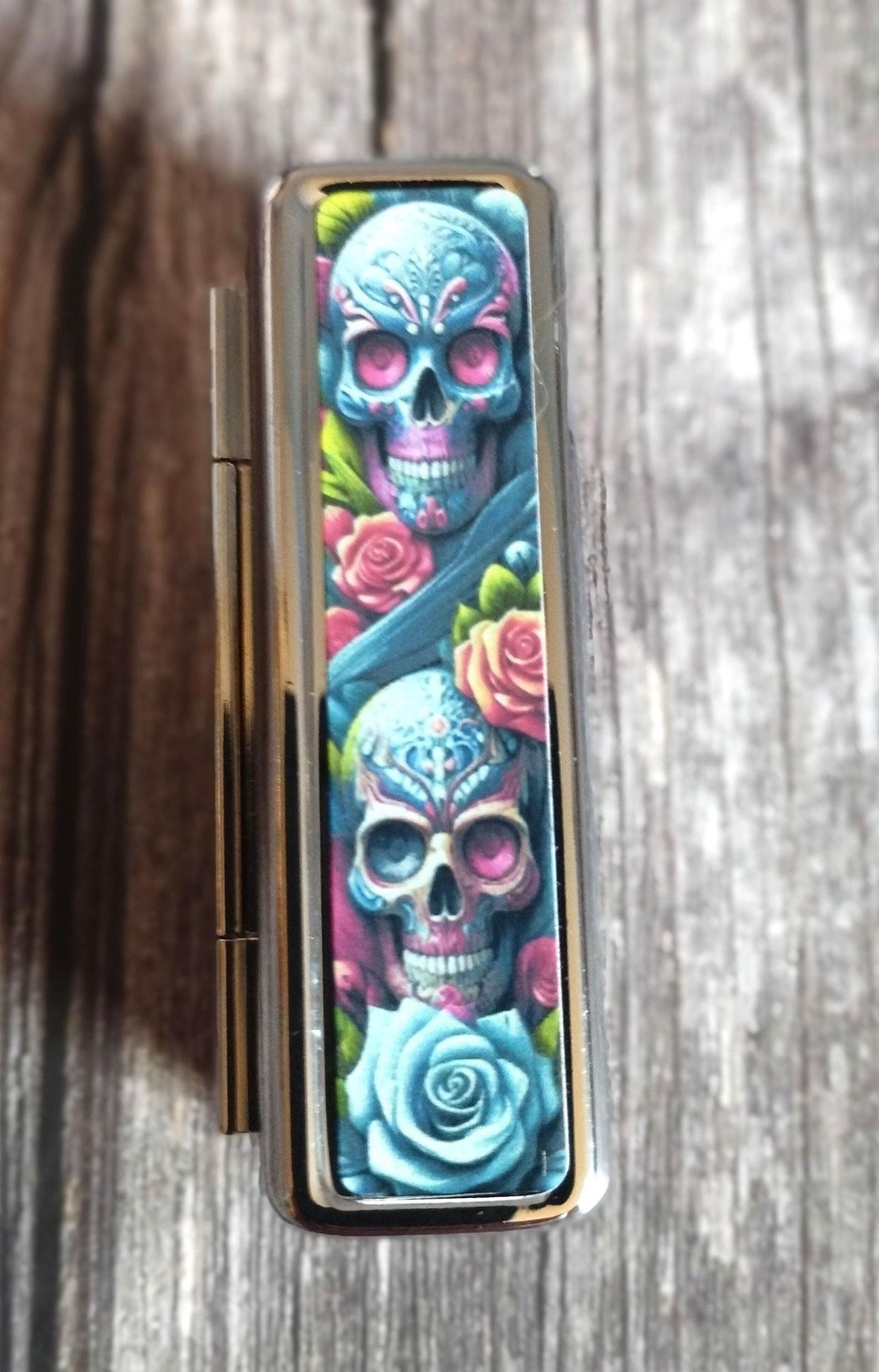 Gothic Skull Lipstick Case: Metal Lipstick Tin with Mirror
