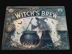 Decorative sign with a witch and cauldron, labeled 'Witch's Brew', on a dark background.