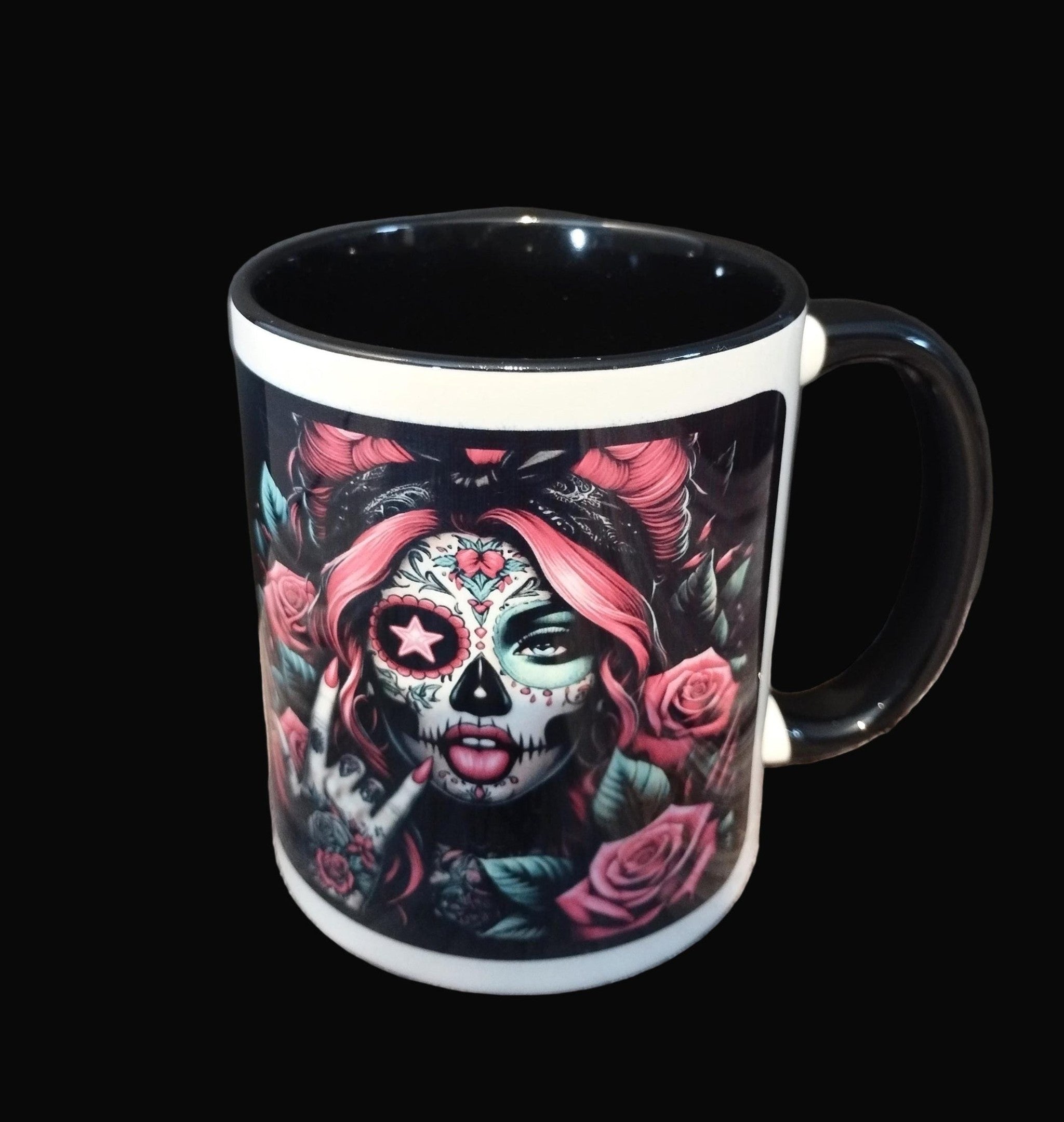 Mug with a colorful skull design on a wooden surface