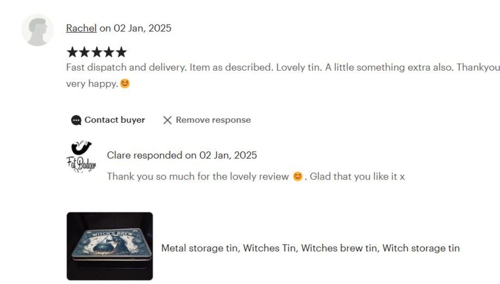 Product review with a response on a white background