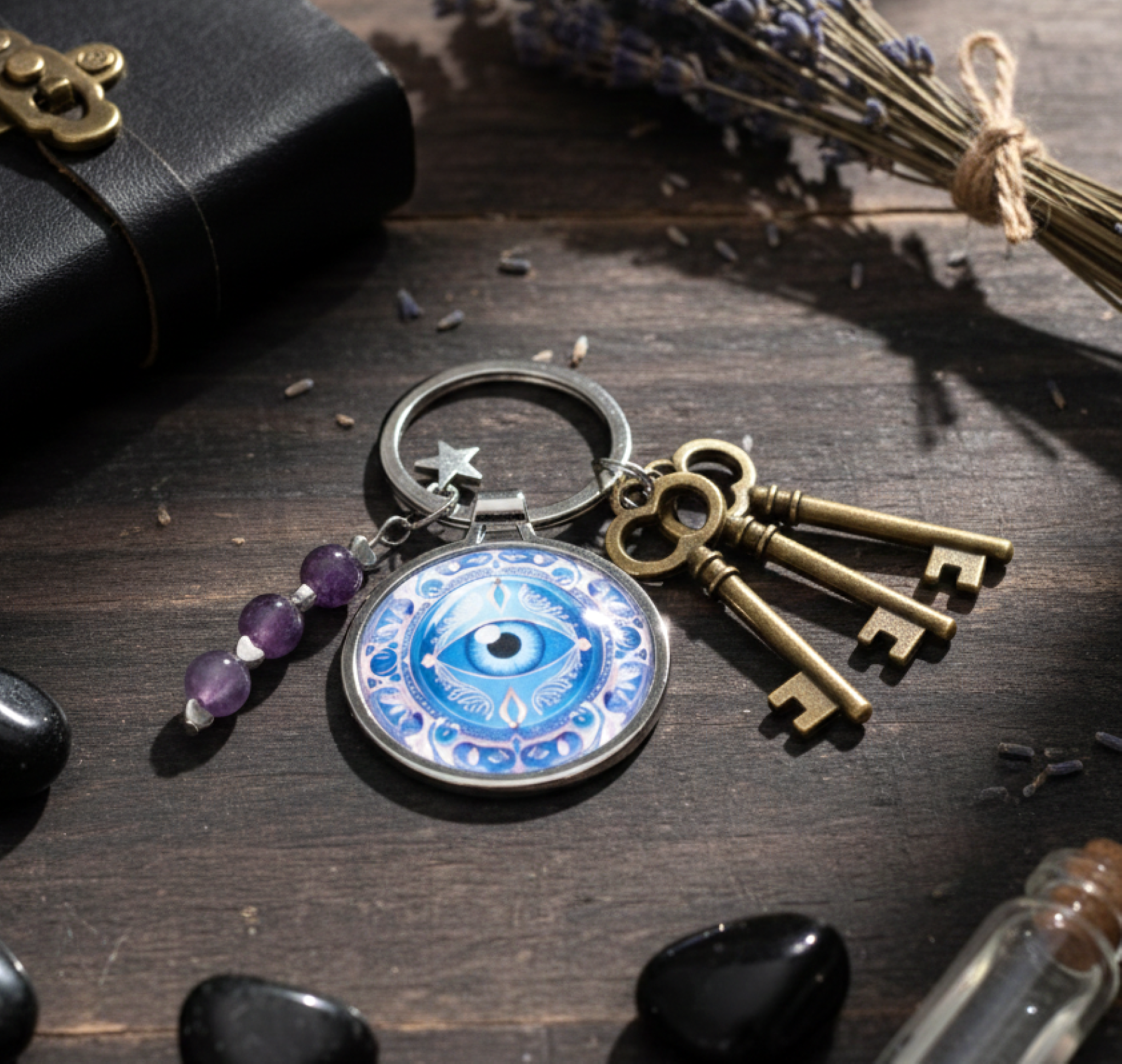 All Seeing Eye keyring with amethyst crystals and a charm, Witch Keyring