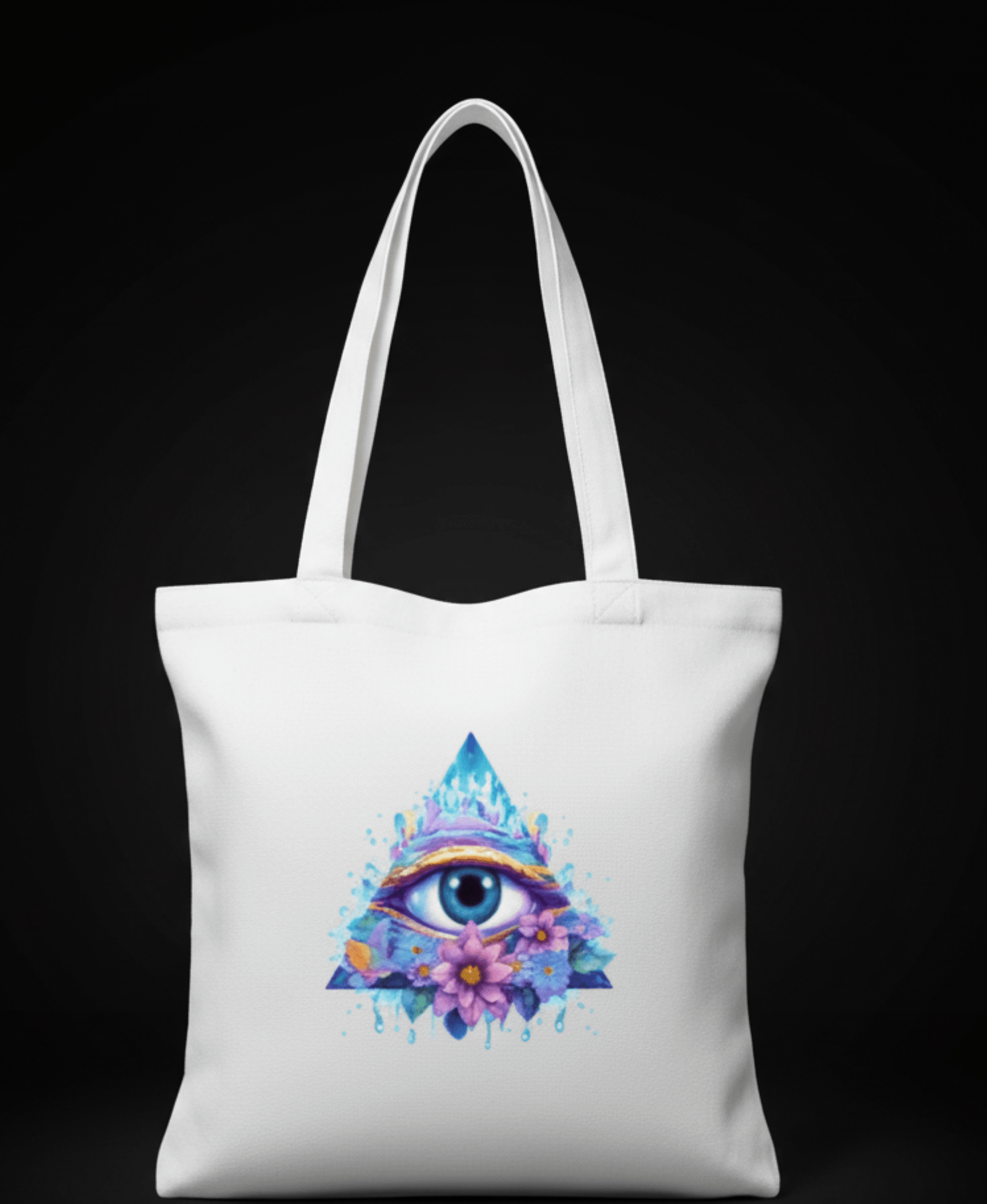 White tote bag with a colorful pyramid and eye design on a black background