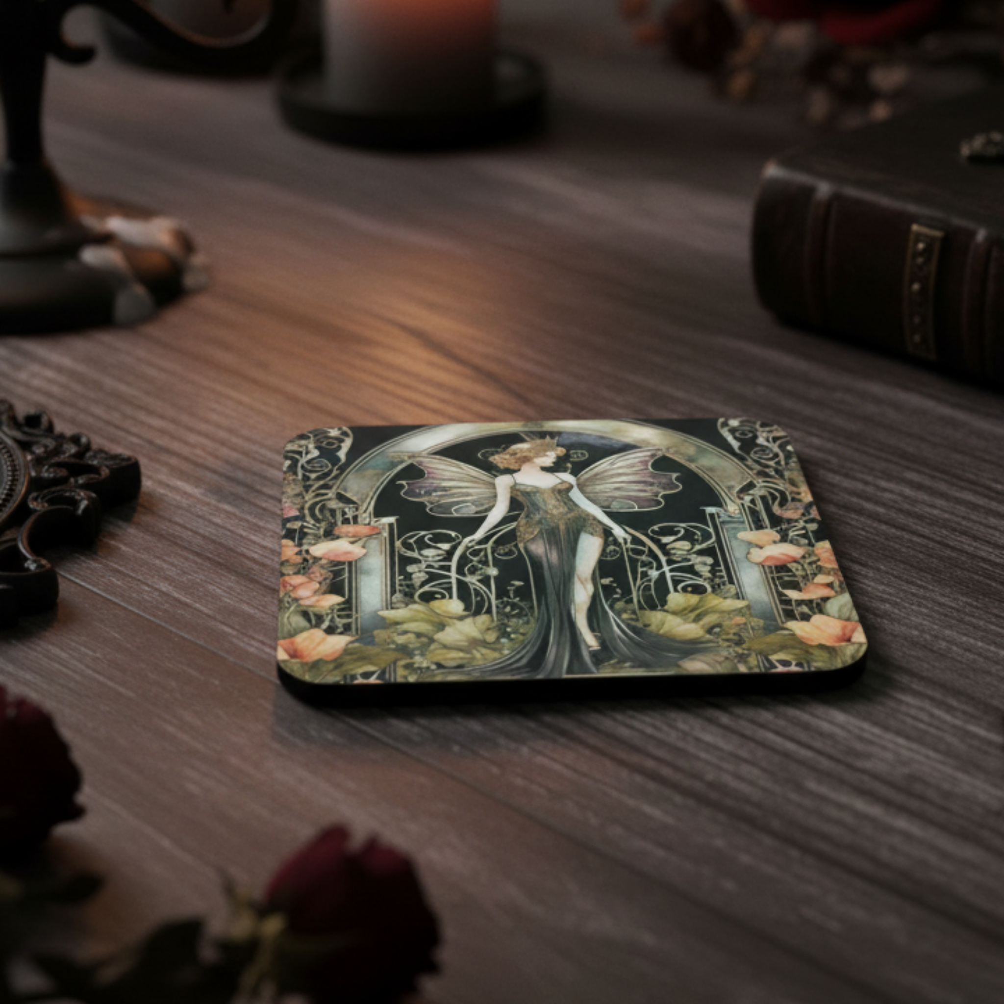 Art Deco Black and Gold Fairy Coaster Lifestyle - design visible