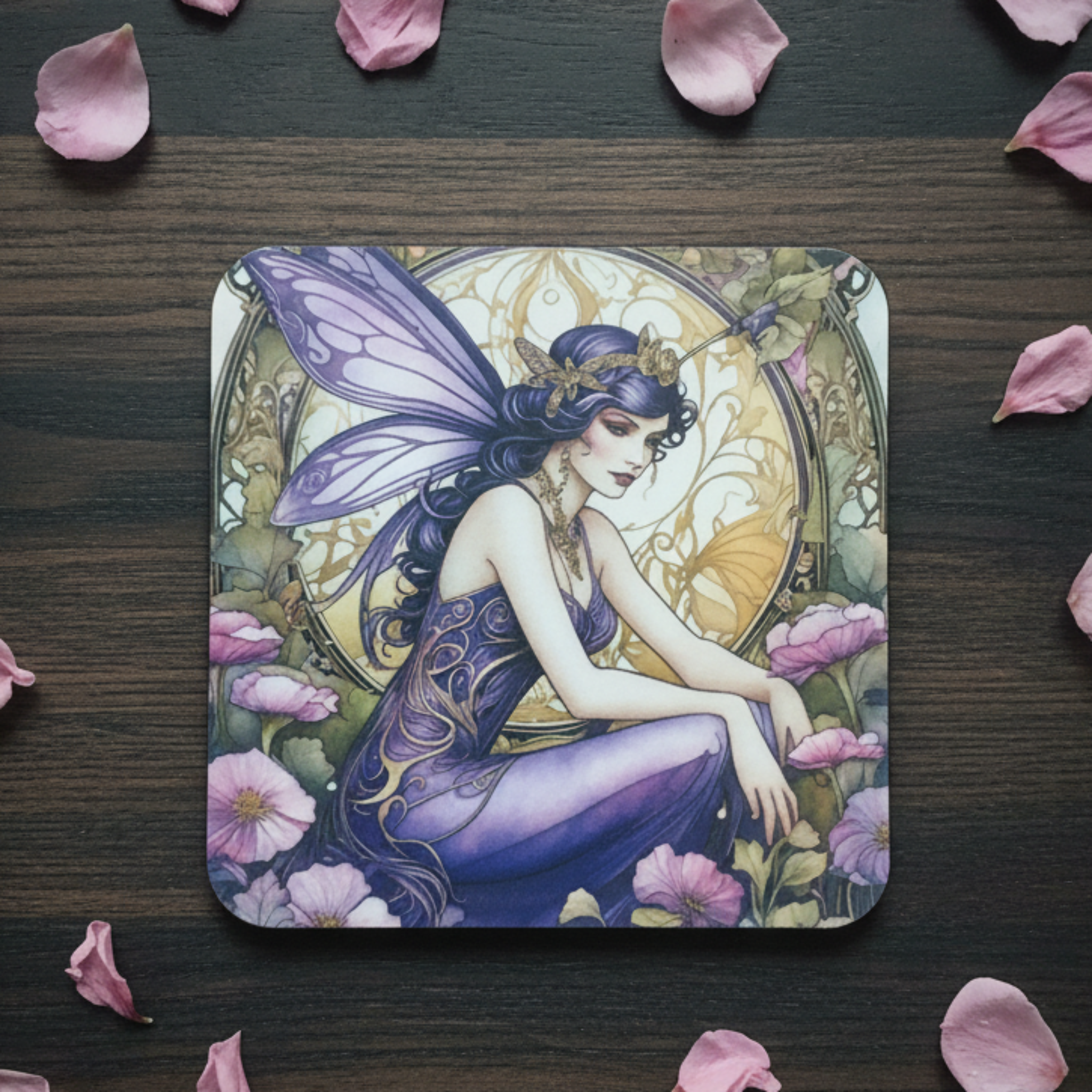 Art Deco Purple Fairy Coaster - flat lay