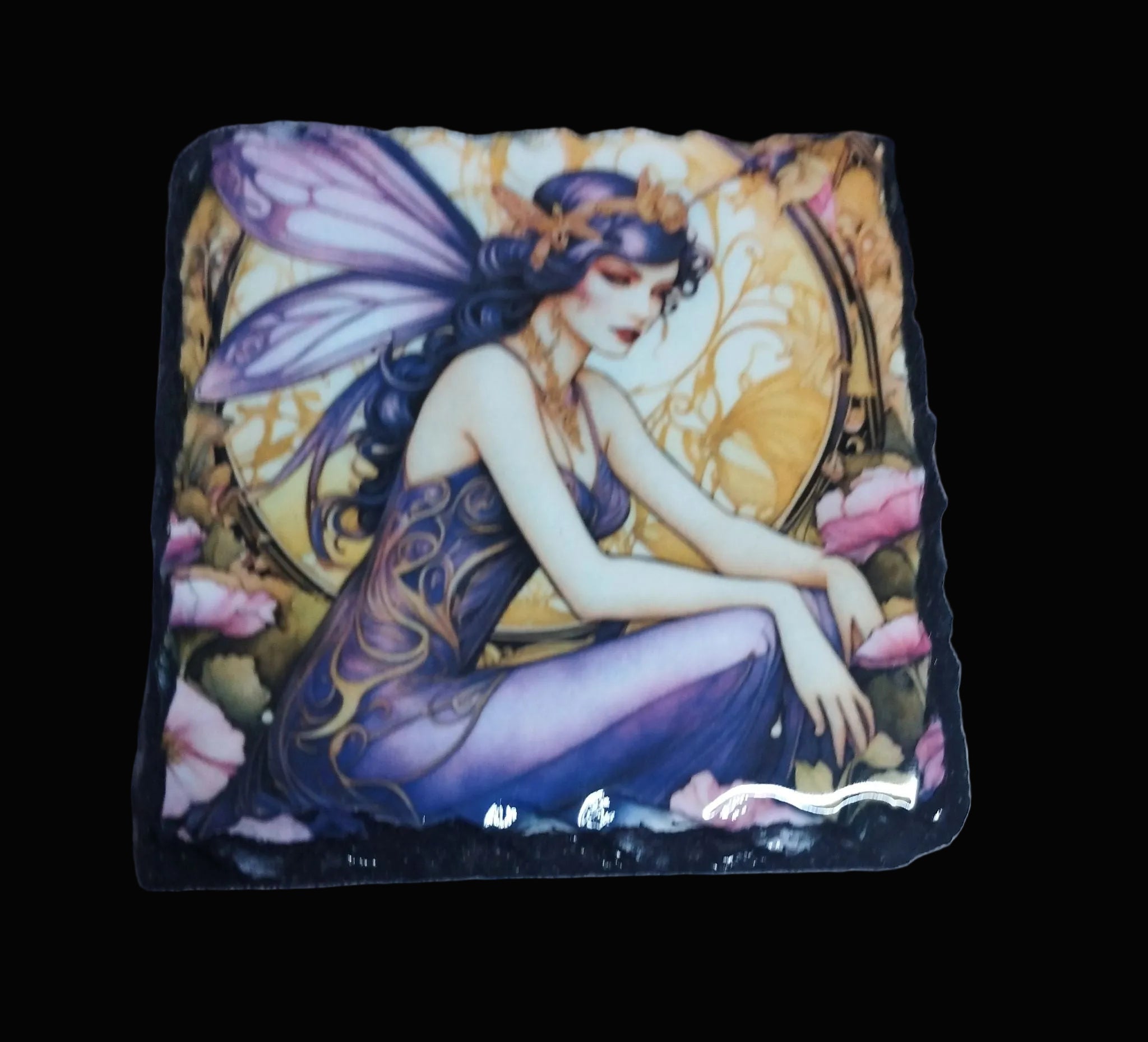 Art deco purple fairy slate coaster featuring a violet-robed fairy with iridescent wings surrounded by pink roses on a golden art deco background