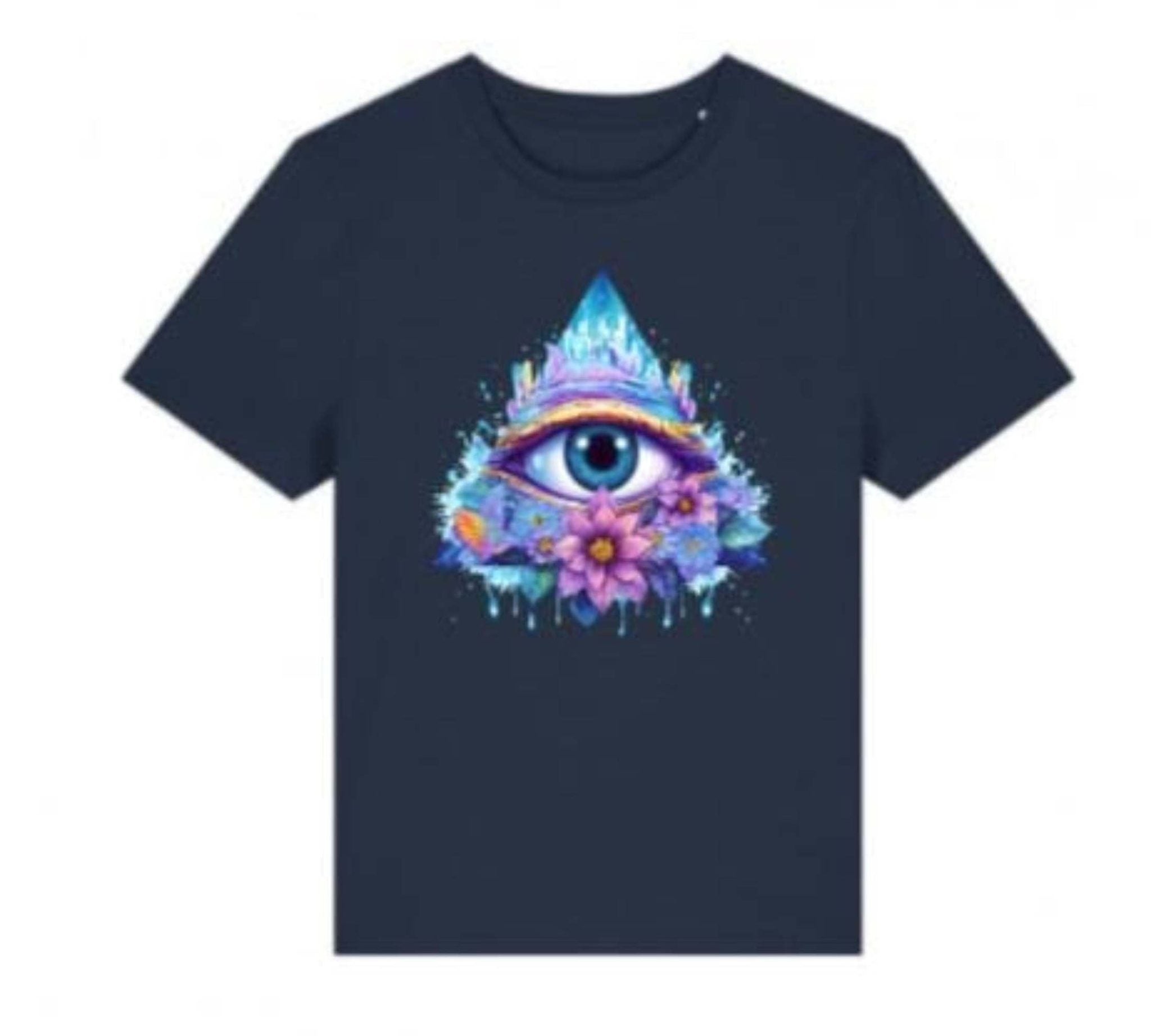 Navy blue t-shirt with a colorful eye design on a white background