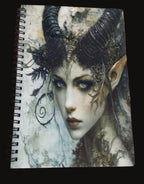 Notebook with fantasy-themed cover featuring a face with horns and elven ears on a wooden surface.