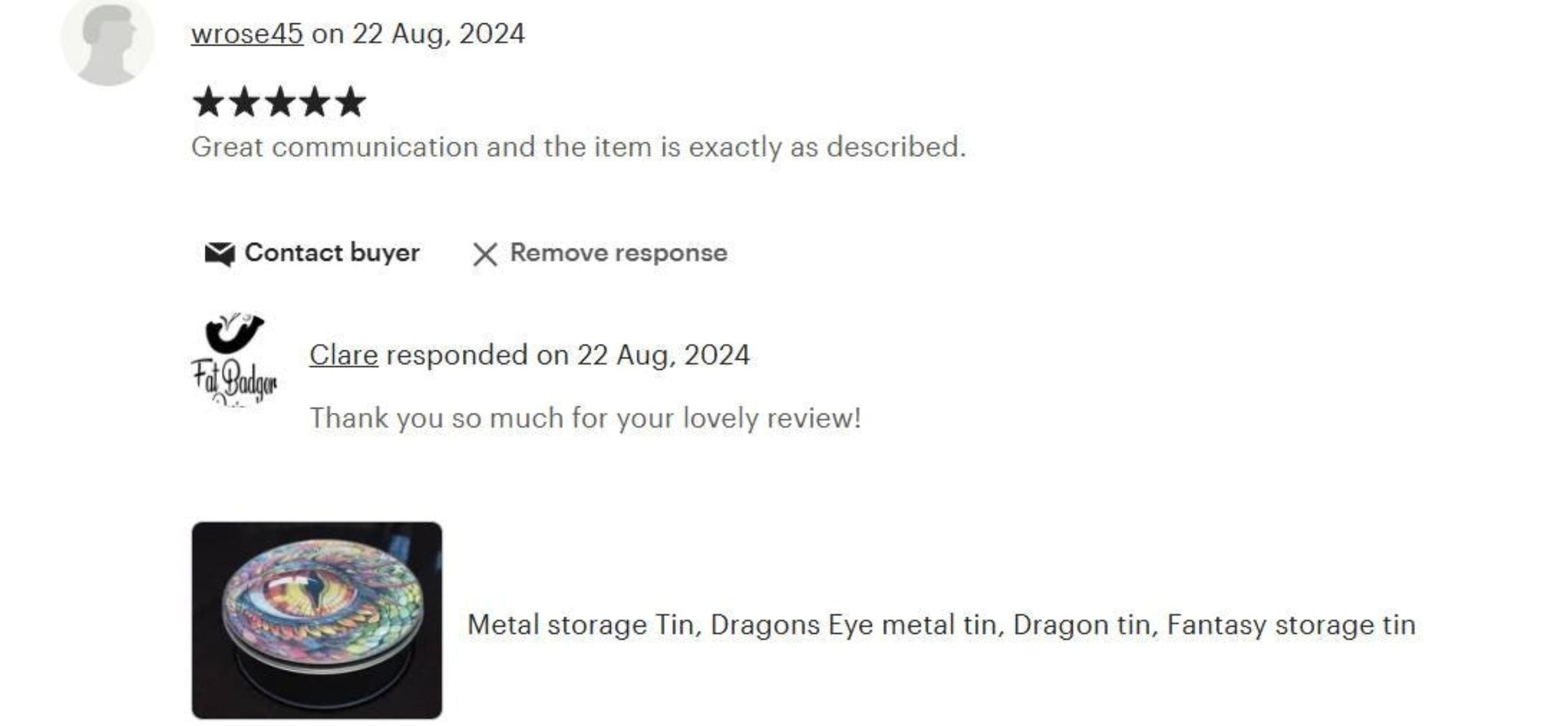Product review with a metal storage tin labeled 'Dragons Eye' on a white background