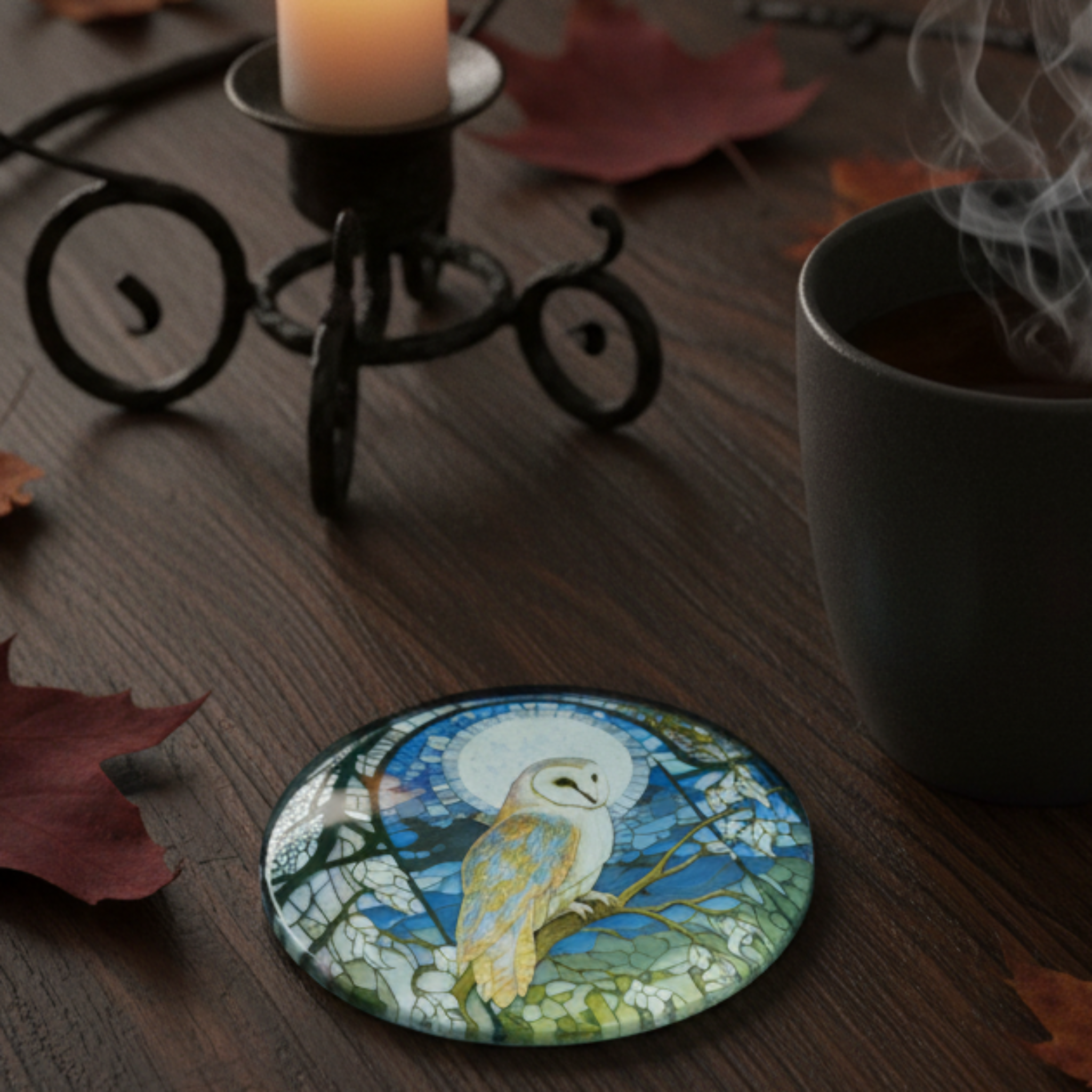 Barn Owl Glass Coaster Lifestyle