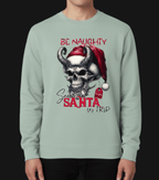 Light green sweatshirt with a skull wearing a Santa hat and text on a black background