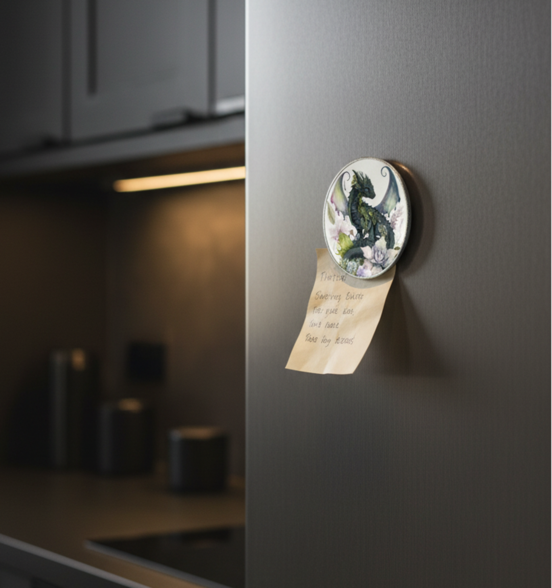 Black Dragon Fridge Magnet on fridge
