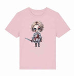 Pink t-shirt with a graphic of a doll holding a knife on a white background