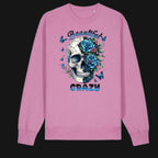 Pink sweatshirt with a skull and floral design on a white background