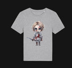 Gray t-shirt with a graphic design of a doll on a white background