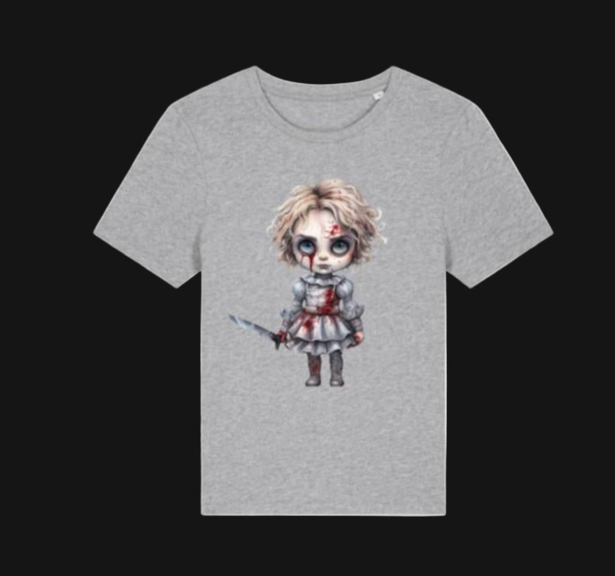 Gray t-shirt with a graphic design of a doll on a white background