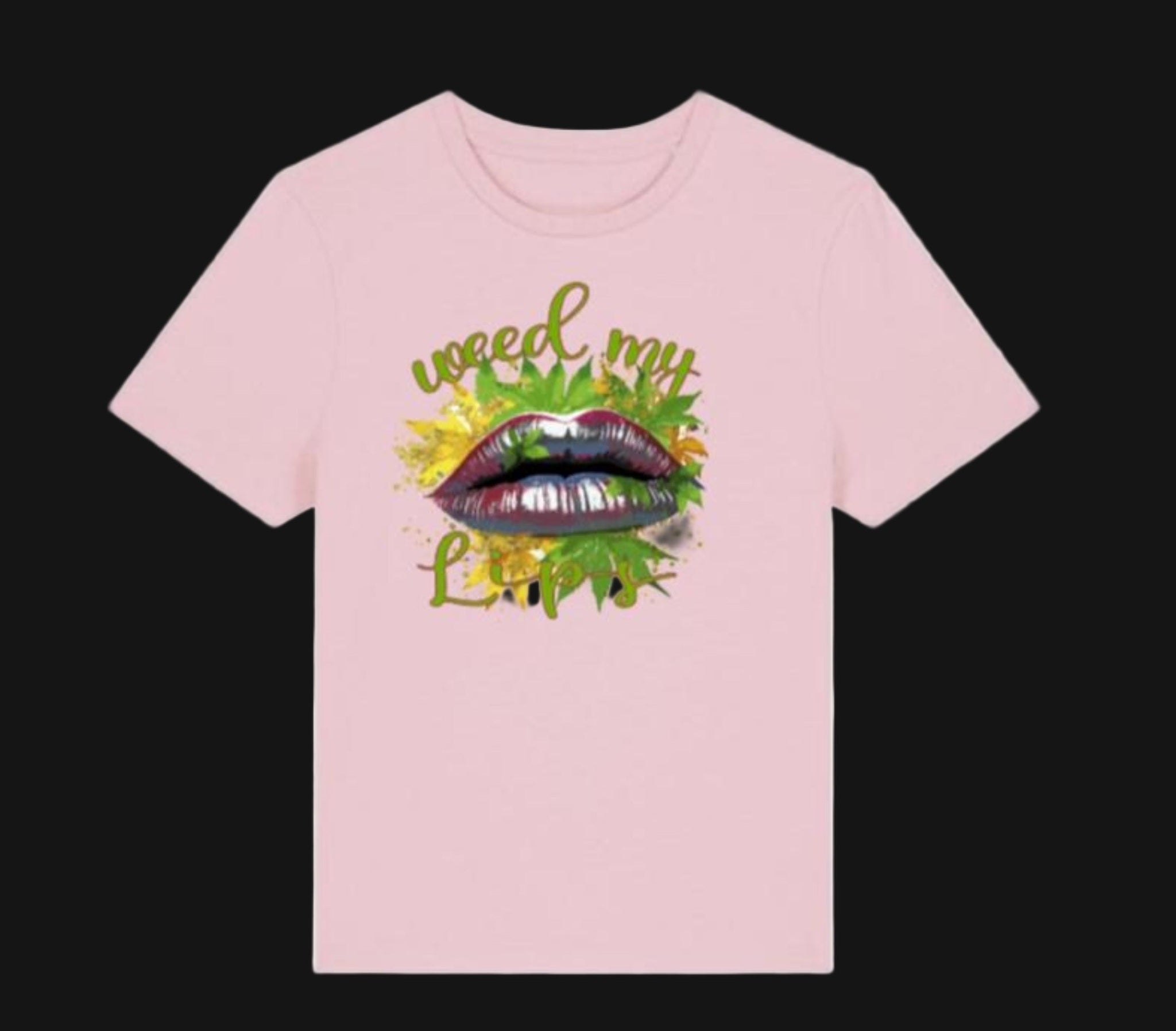Pink t-shirt with a graphic design of lips and marijuana leaves on a white background
