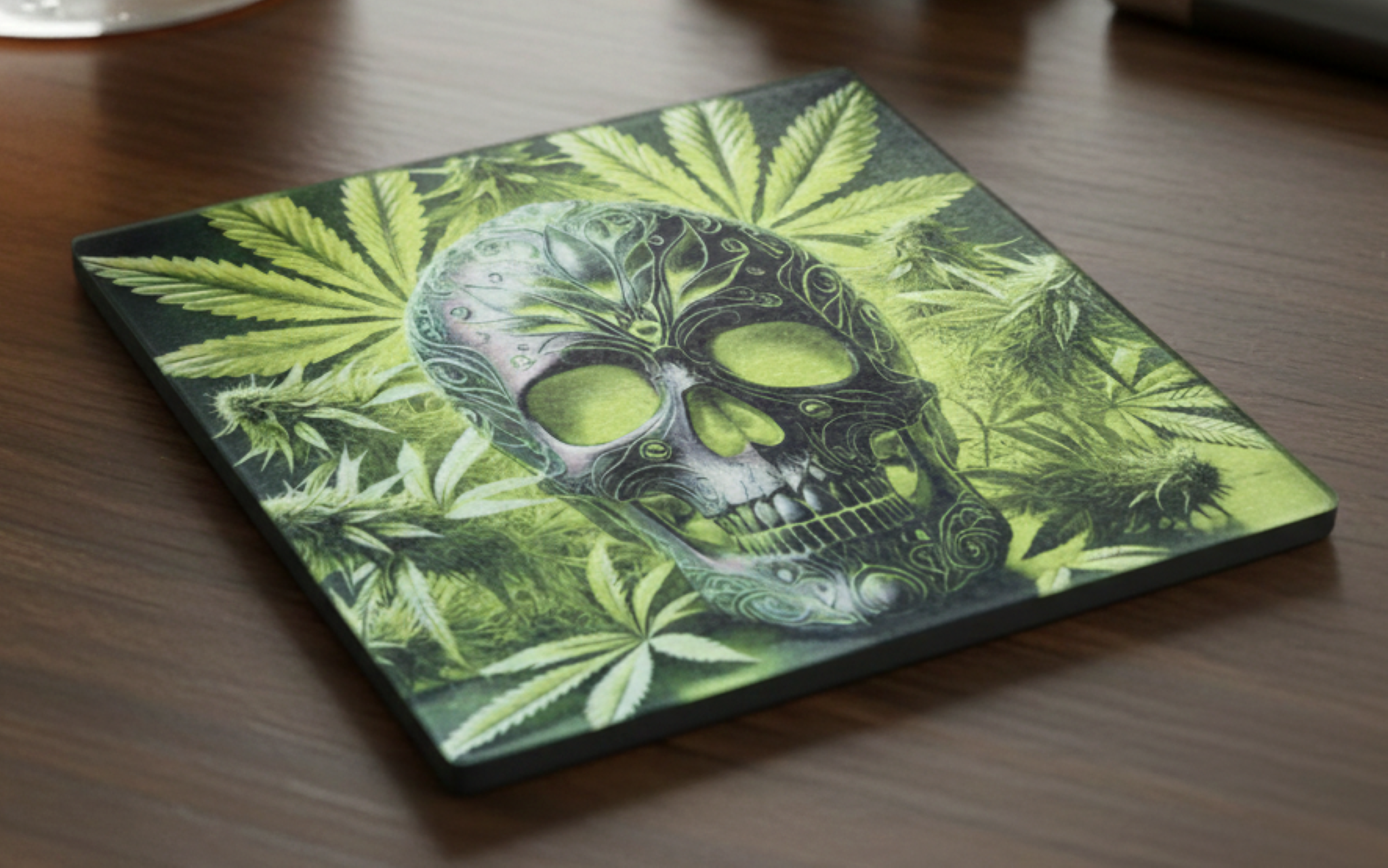 Cannabis Skull Glass Coaster - Weed & Skull Gothic Homeware