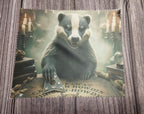 Badger in a sweater with a magical book on a wooden surface