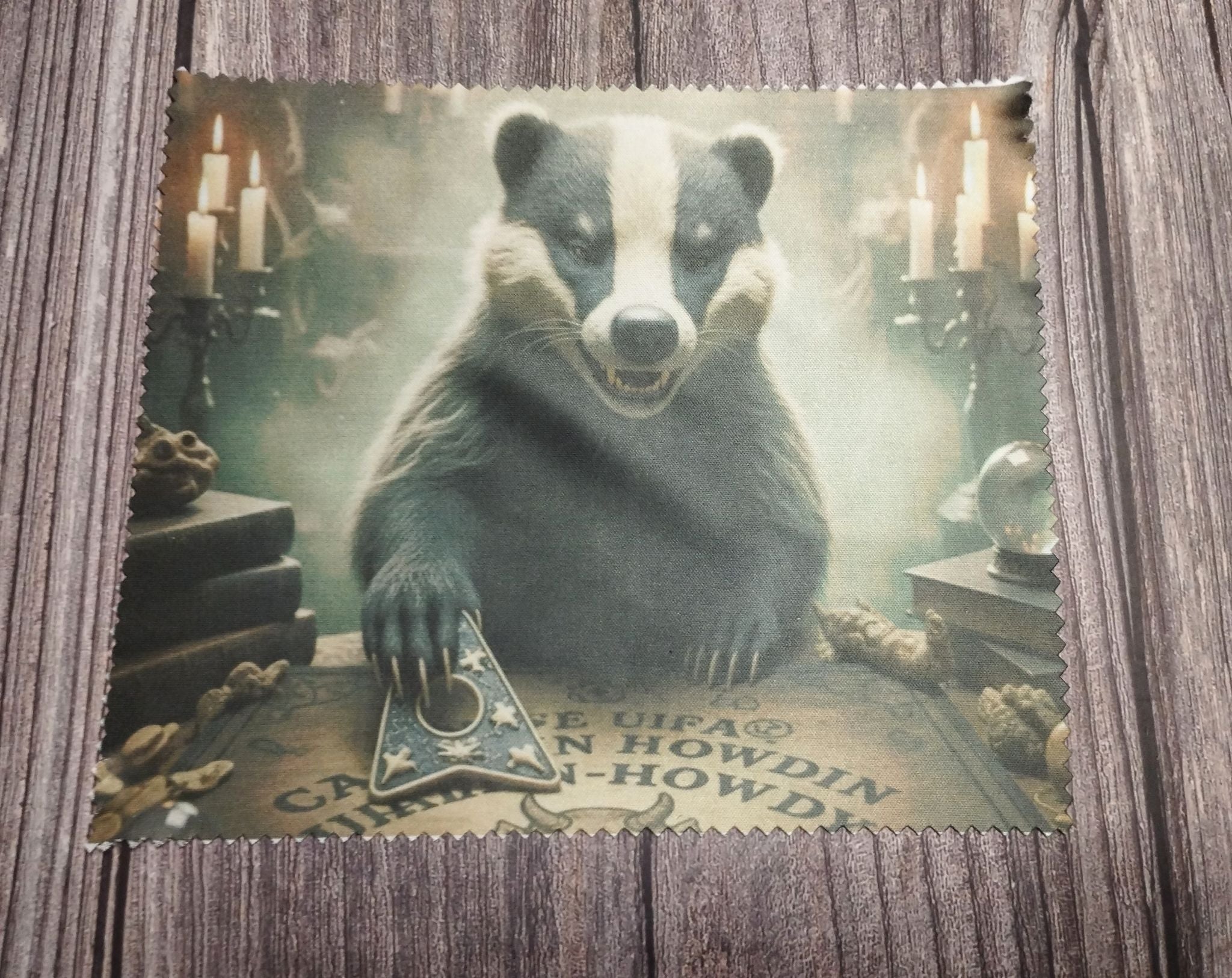 Badger in a sweater with a magical book on a wooden surface