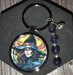 Witch keyring with amethyst crystals and a charm