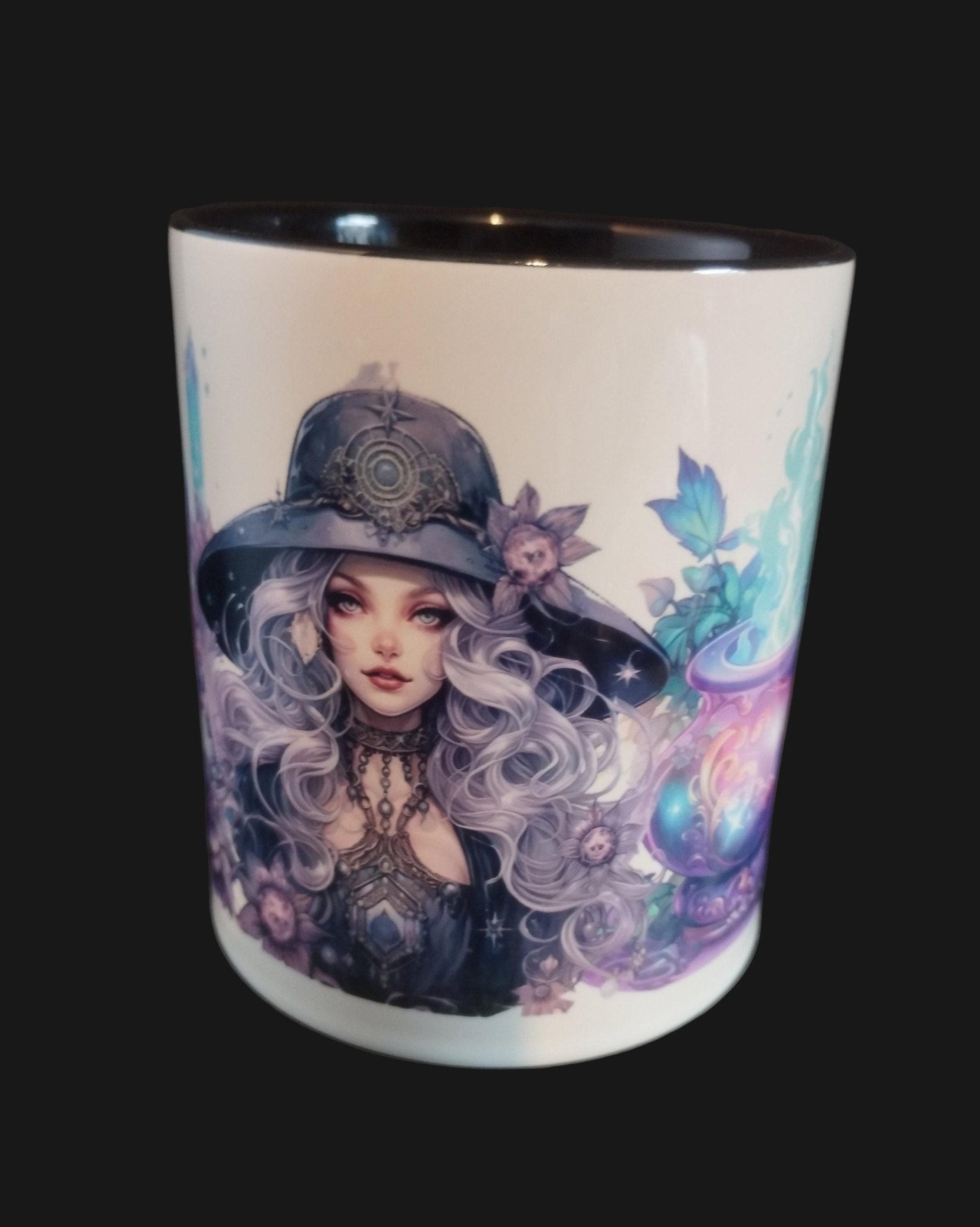 Ceramic mug with artistic design of a woman wearing a hat on a wooden surface.