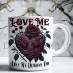 White mug with red heart and floral design on a marble background