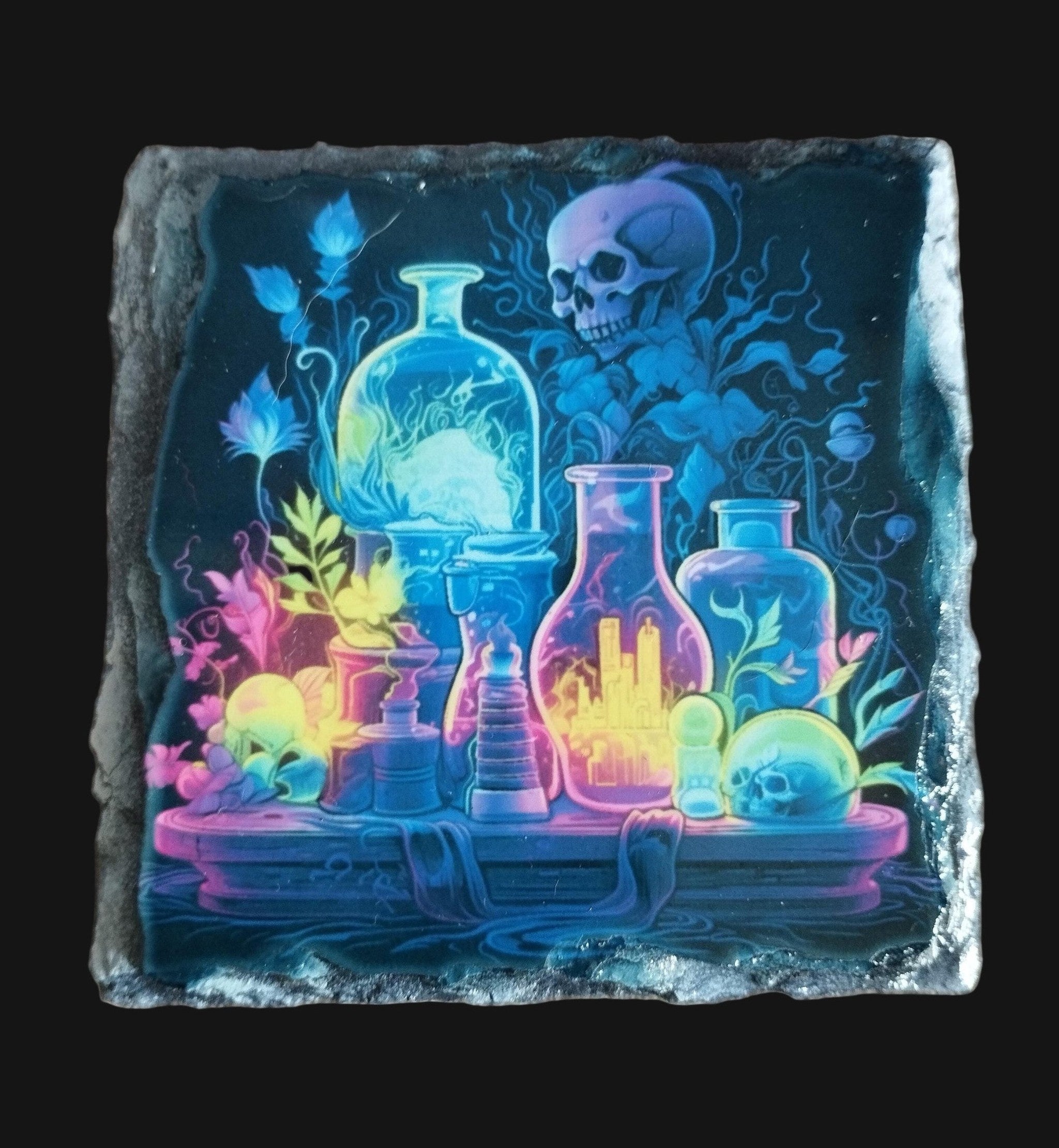 Colorful illustration of vials and a skull on a dark background
